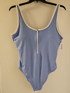 Old Navy Light Blue One-Piece Swimsuit with White Trim and Front Zip